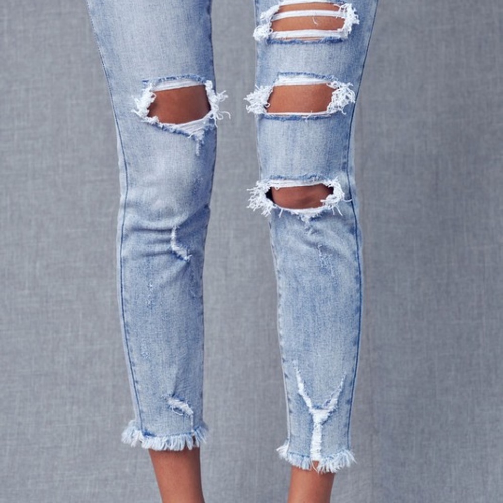 Kan Can Light Wash Frayed Hem Skinny Denim Jeans - Picture 7 of 8